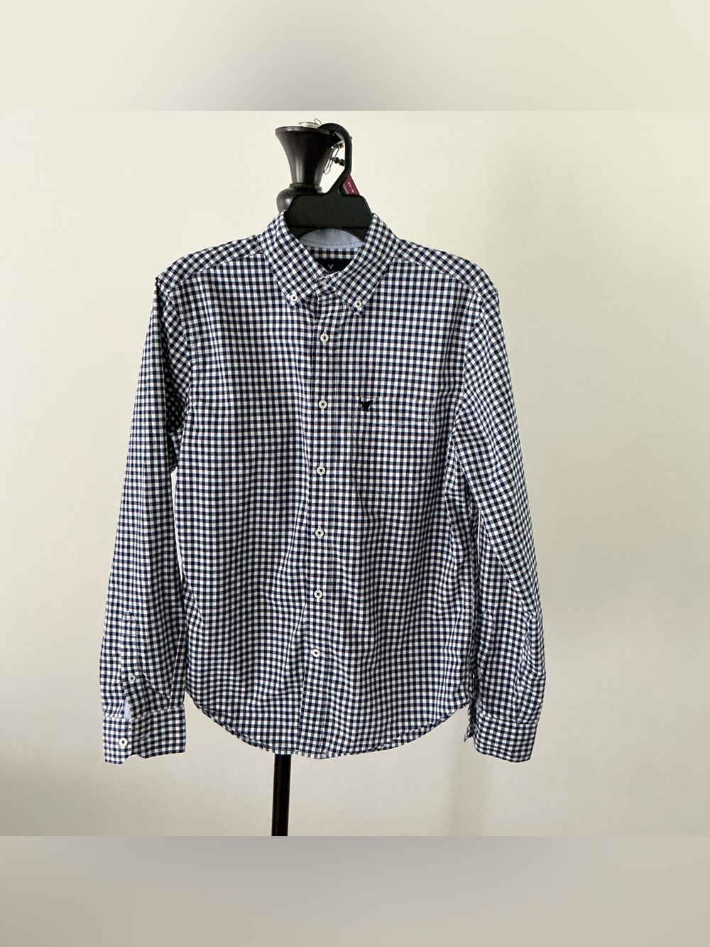 American Eagle Men’s Small Navy White Gingham Button-Down Shirt